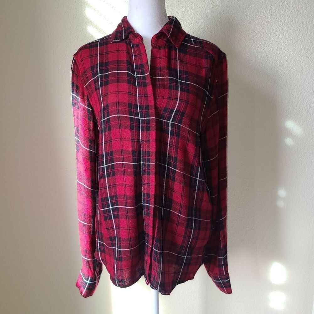 Sam Edelman Zip Split Back Plaid Flannel Shirt Hi Lo Roll Tab Sleeve